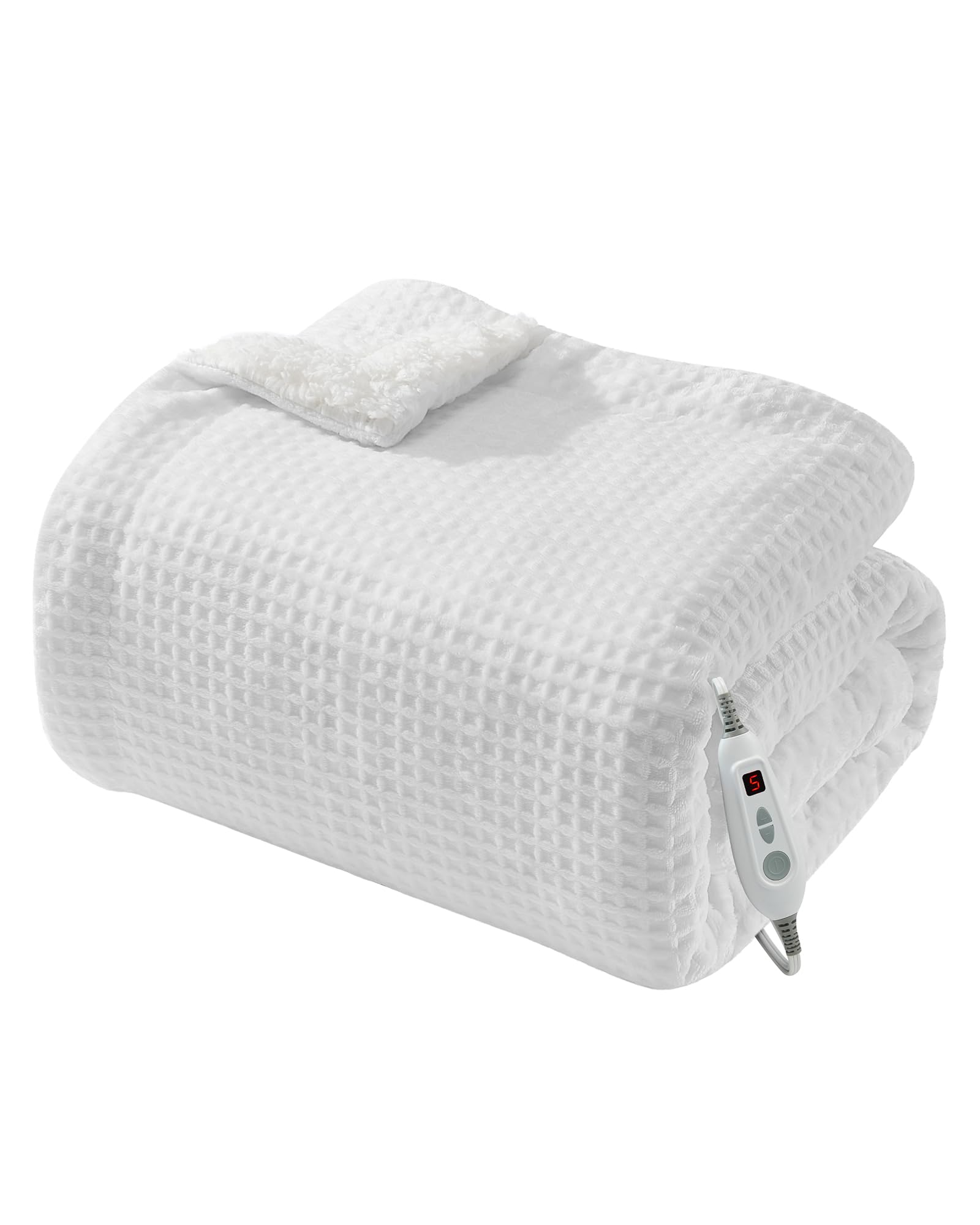 LinTimes Heated Blanket, Electric Throw Blanket with Waffel Flannel & Sherpa, 6 Heat Settings & 10H Auto Shut-Off, Heating Blanket for Sofa, Single 130 x 160 cm, White
