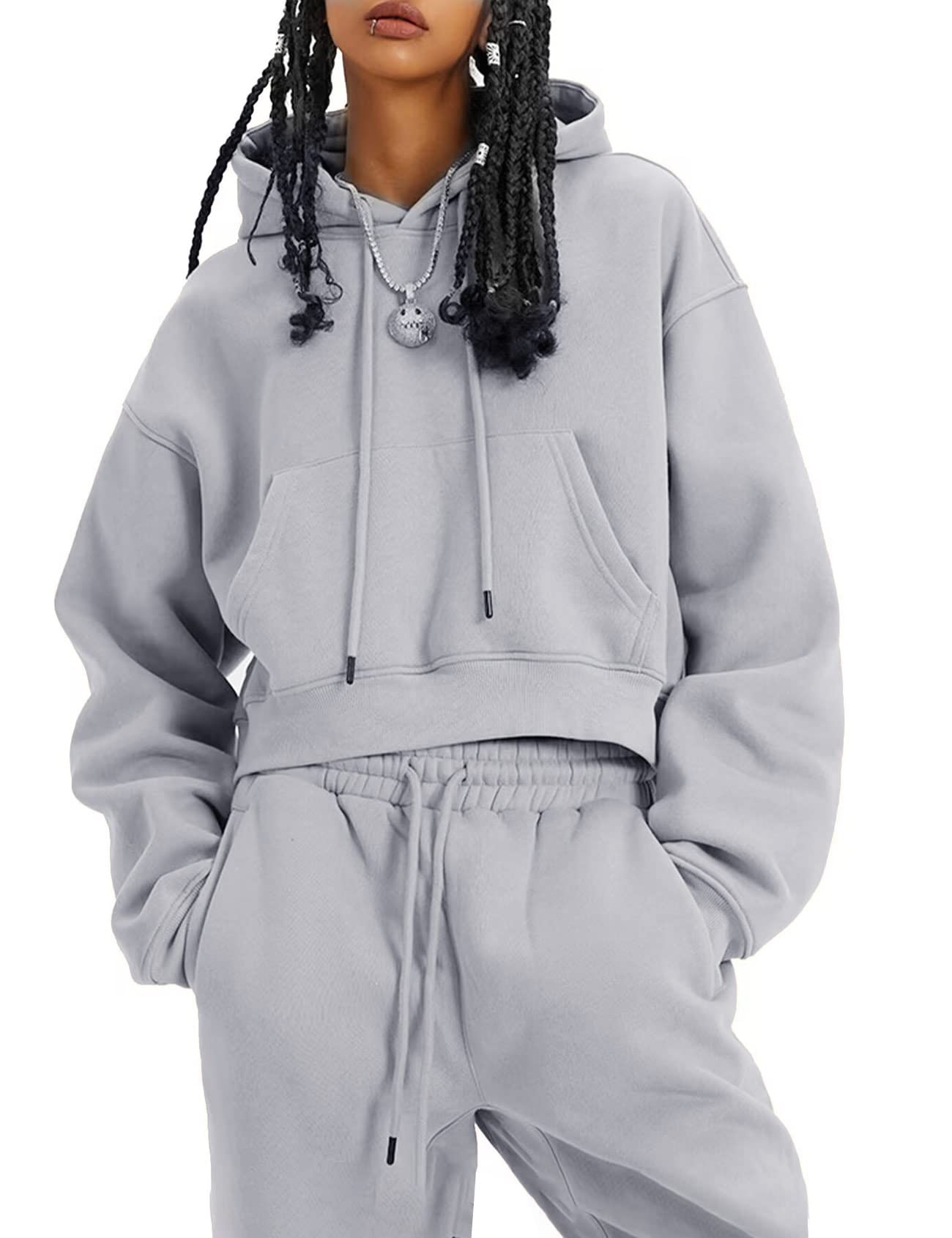 Womens Fleece 2 Piece Outfits Sweatsuit Crop Pullover Sweatshirt Joggers Pants Tracksuit Set-image-46
