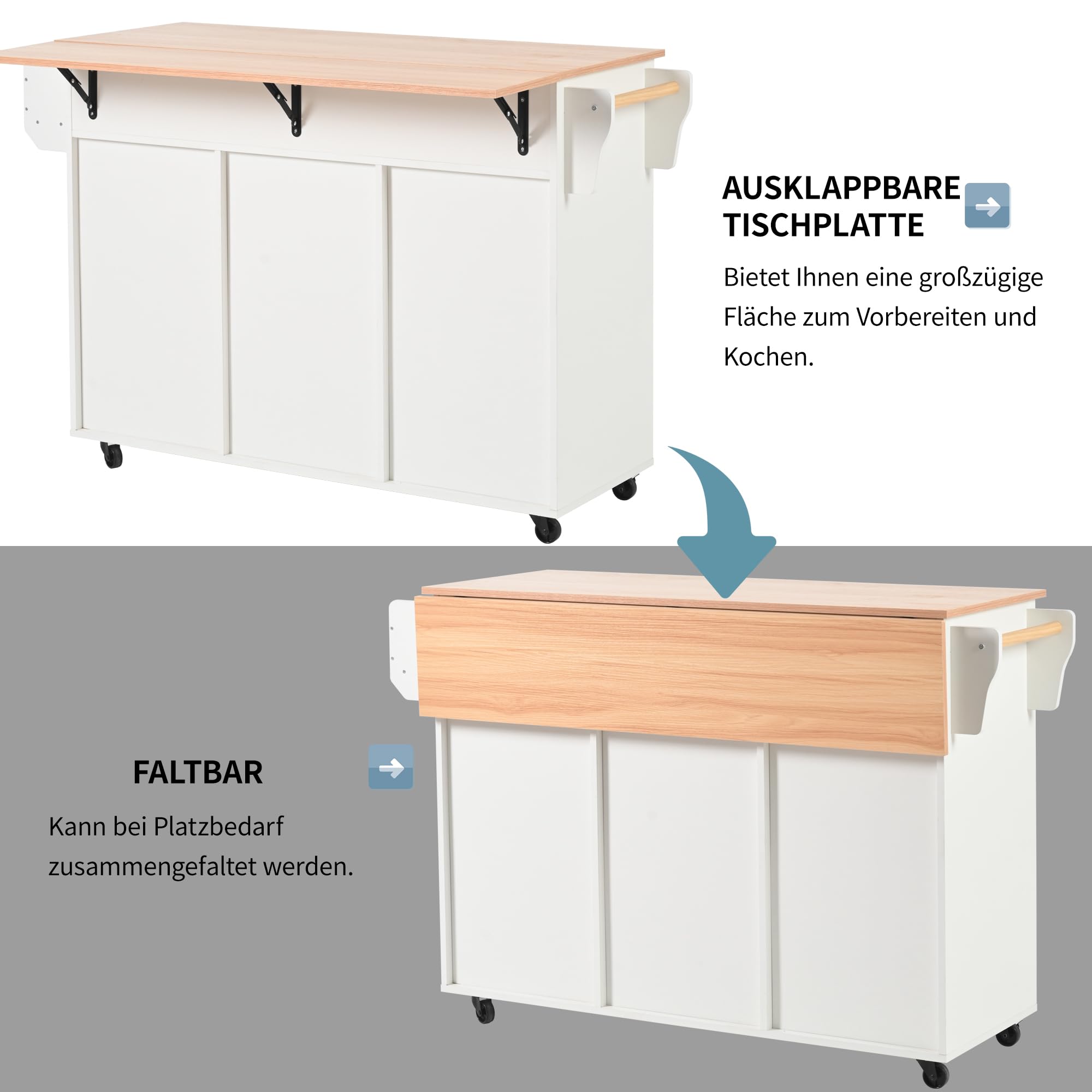 Küchenwagen, Kücheninsel Buffetschrank mit Arbeitsplatte klappbar und Rollen, Modern Küchenschrank, Servierwagen mit Verstellbares Regal, Gewürzregal und 3 Schubladen,139x46-71x91.5cm (Weiß)
