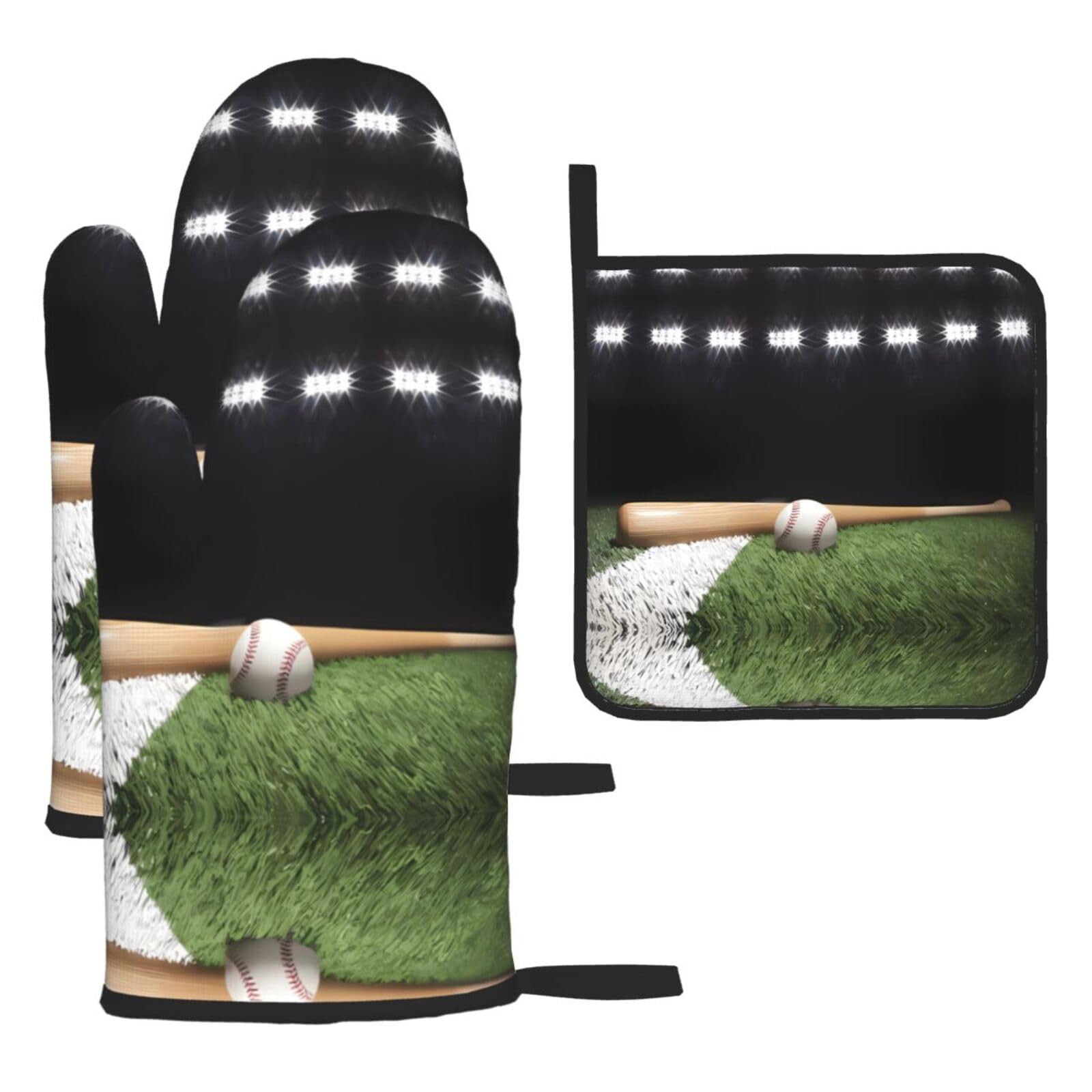 Baseball Sports Field Printed Oven Mitt Set 3-Piece | Heat Resistant Gloves & Pot Holder Mat for Cooking, Baking & BBQ