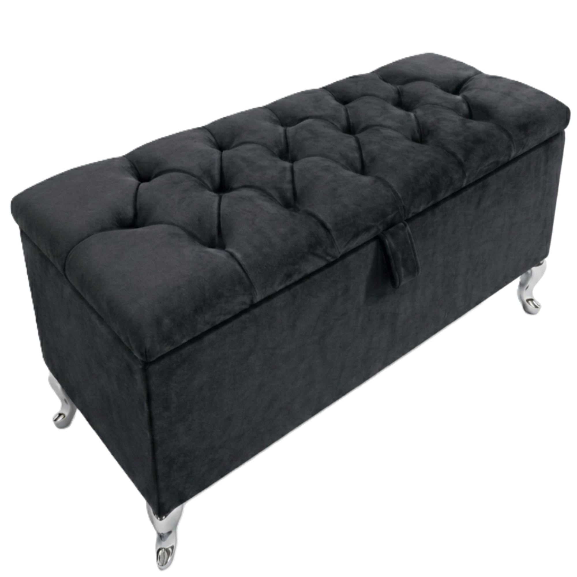 SK Ottoman Storage Box, Fabric Button Velvet Bench, Silver Legs, Steel — image 1