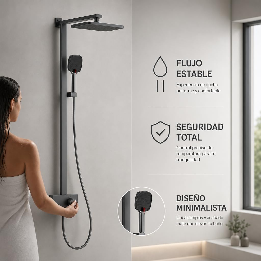 INEX EUROPA Columna de Ducha Negro Gris Titanio Premium Acero Inoxidable 10 Años Garantía - Columna Ducha Cuadrada Efecto Lluvia 3 Modos de Operación - Torre de Ducha 137cm Negro Gris Titanio