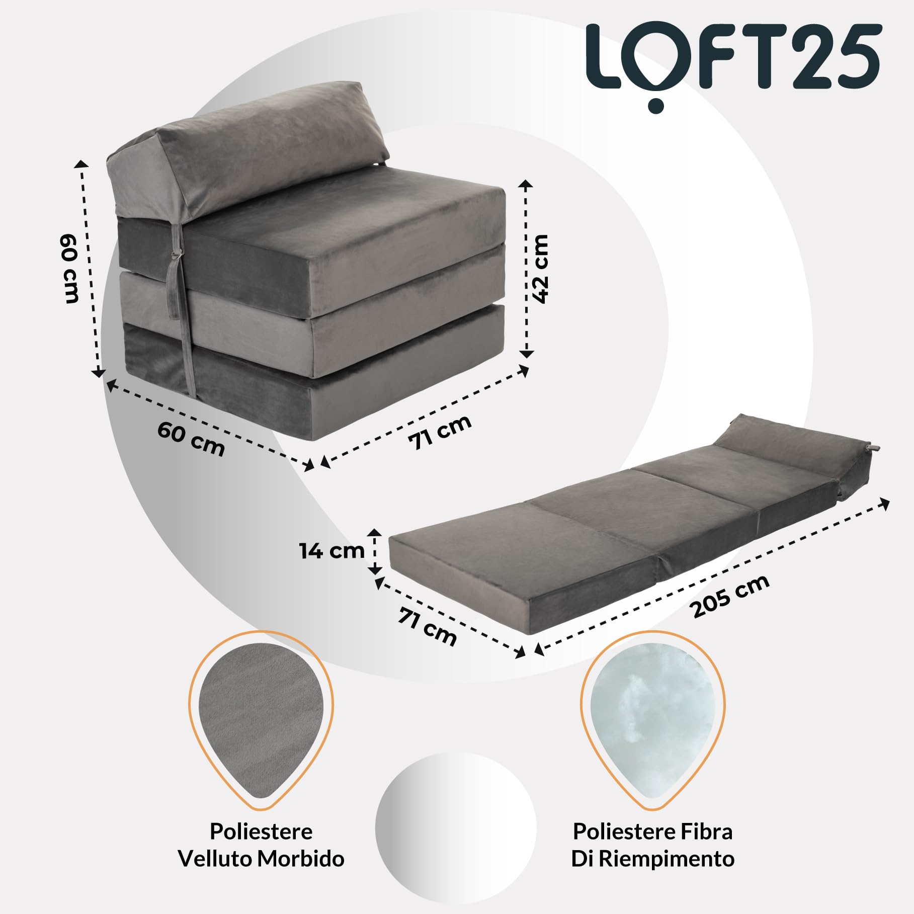 Loft 25 Jumbo Cord Singolo Letto a Z Pieghevole Materasso | Sleepover Ospiti Soggiorno e Camera da letto | Comodo Divano Sedia | Ergonomico Design Futon con Poggiatesta (Velluto, Ardesia)