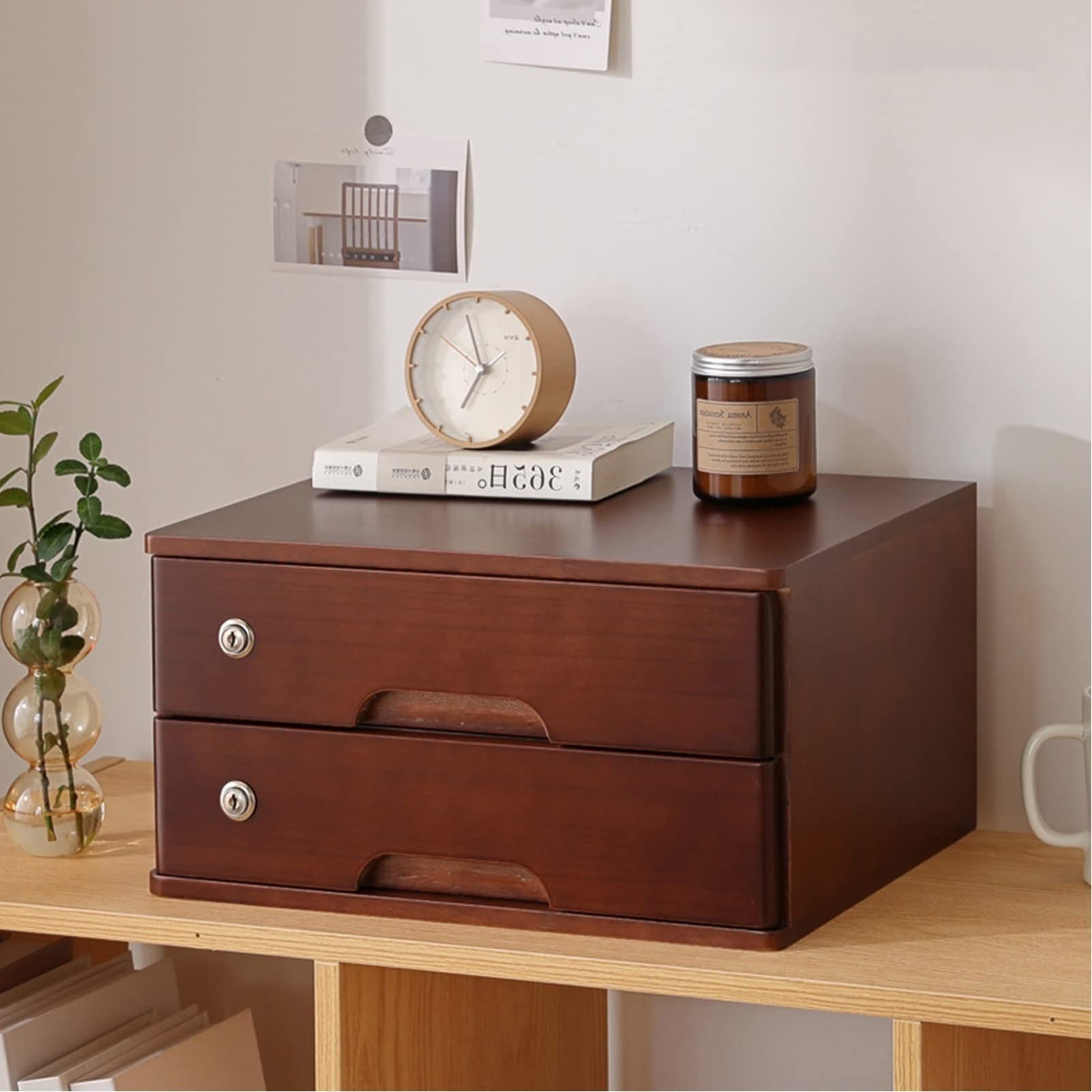 Organizador de archivos de escritorio de madera maciza con cerradura y cajones