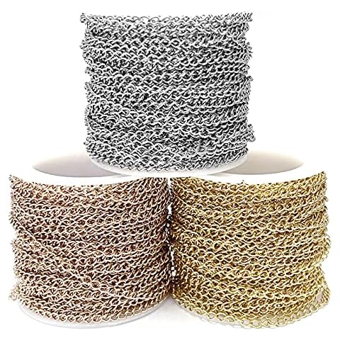 49.2 Feet/15M Soldered 304 Stainless Steel Curb Chains 4x3x0.6mm Twisted Links Cross Cable Chains Rose Gold & Golden & Silver Plated with Spool for Jewelry Making Cover