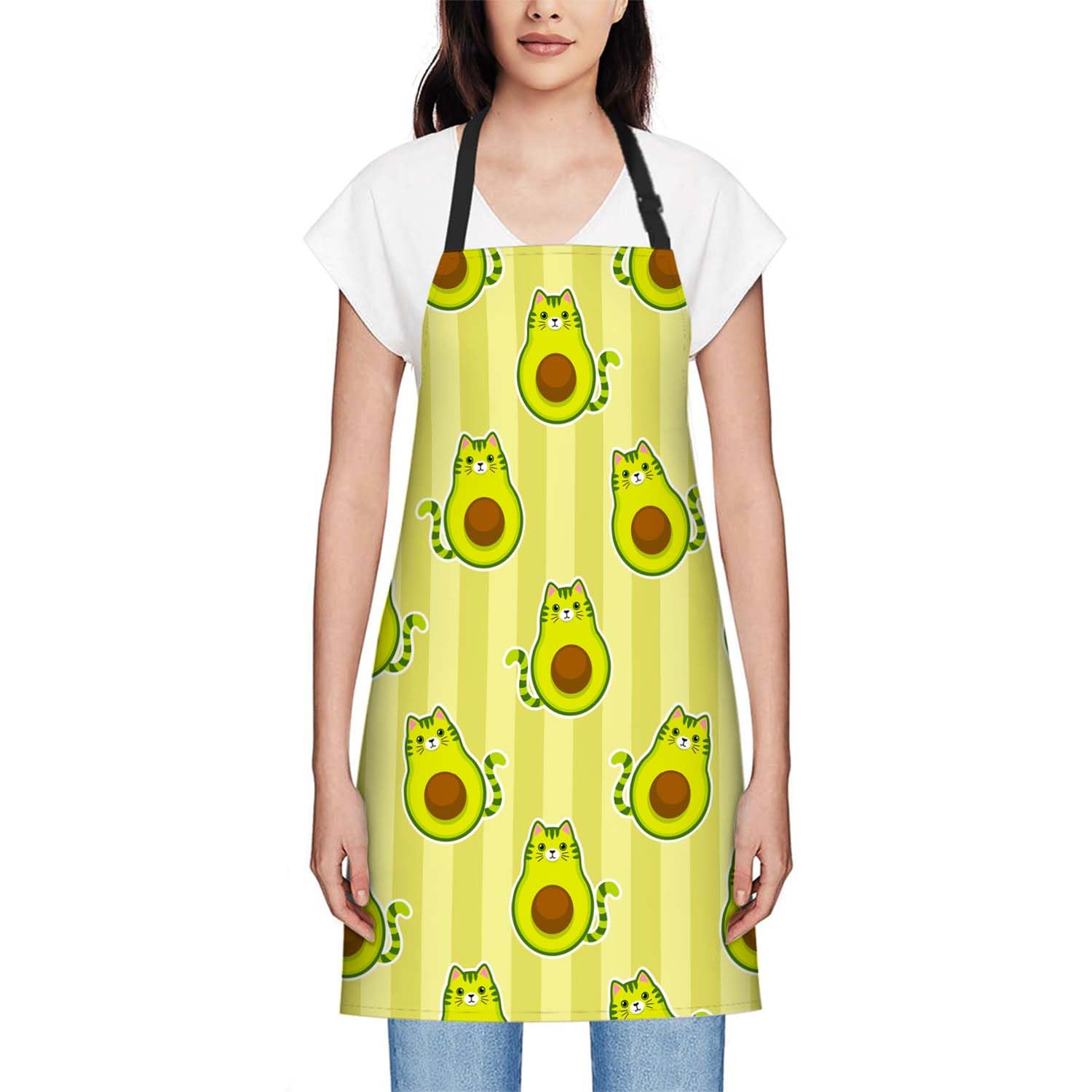 Smooffly Cute Cartoon Avocado with Cat Apron Unisex Adjustable Bib Apron Cooking Kitchen Chef Women Men Aprons for Home Kitchen Restaurant,Coffee House,Shop,Garden - Image 2