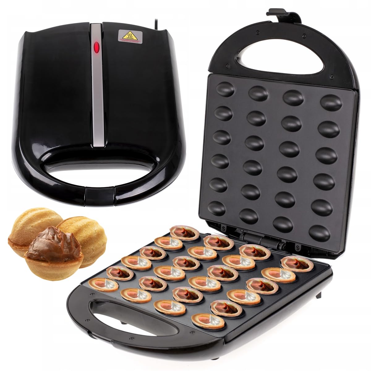 Machine à cacahuètes 1600 W, moule à biscuits, revêtement antiadhésif, cuisson 24 moitiés en même temps, protection contre la surchauffe, noix sucrées et salées, stockage vertical noir