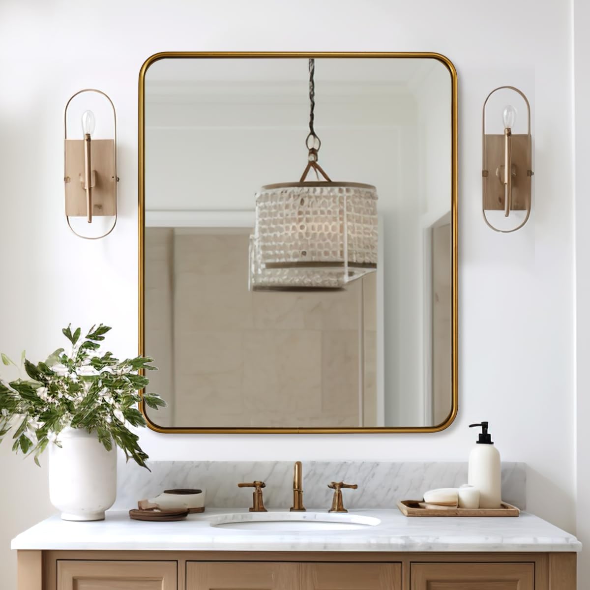 ANDY STAR Gold Bathroom Mirror for Wall, 30x36 Inch Rectangle Mirror for Bathroom with Rounded Corner, Modern Brushed Brass Rectangular Vanity Mirror with Anti-Rust Tube Metal Frame, Explosion-Proof Brushed Gold 36"L x 30"W