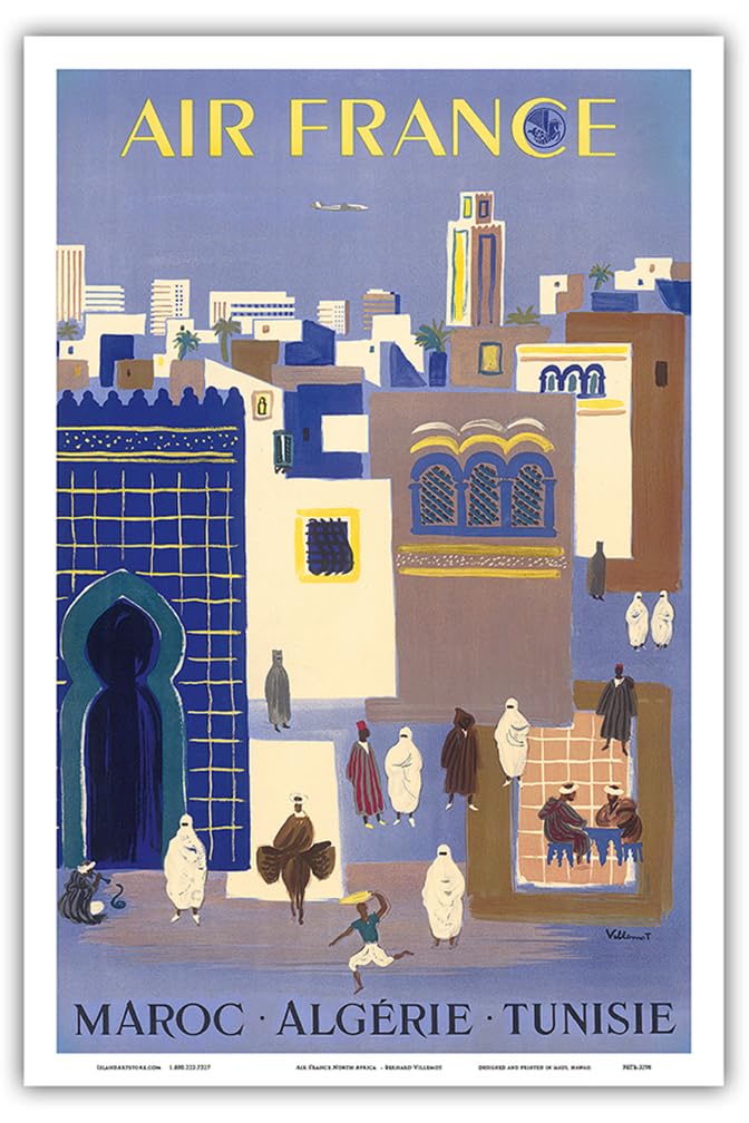 Maroc (Morocco) Algerie (Algeria) Tunisie (Tunisia) - France - Vintage Airline Travel Poster by Bernard Villemot c.1952 - Master Art Print 12" x 18" PRTB3298