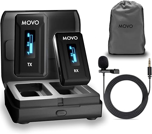 Movo WMX-2 Micrófono inalámbrico para cámara con estuche de carga, micrófono Lavalier para cámaras DSLR, Vlogging, creación de contenido, cine