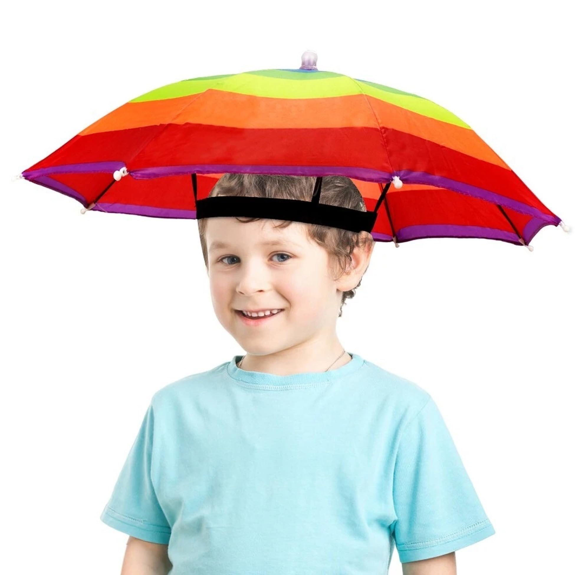 Accessotech Novelty Umbrella Hat – Hands-Free Rain & Sun Protection, Waterproof, Elastic Headband, 65cm Wide, Lightweight & Comfortable (Rainbow)