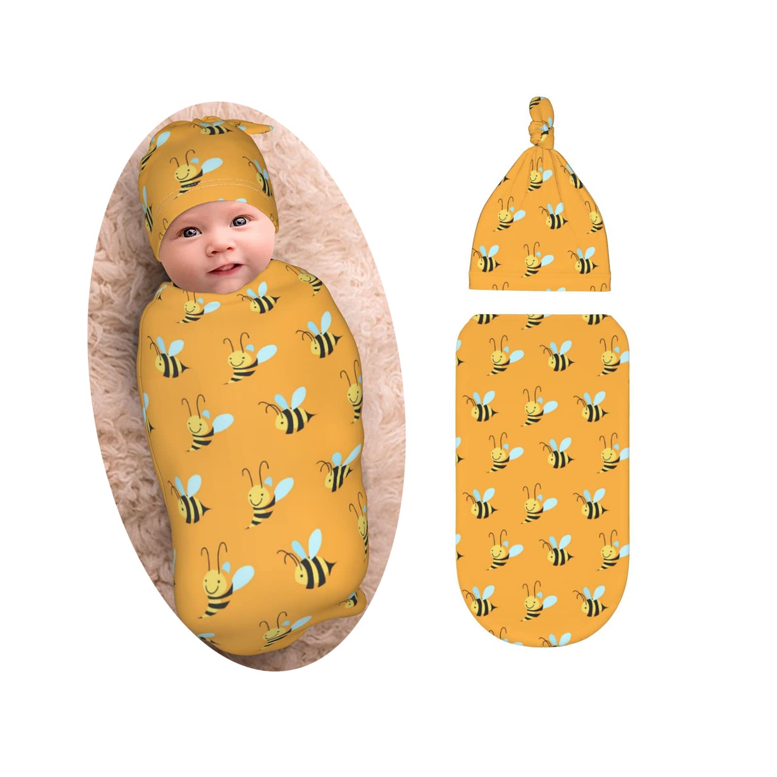 Cute Bee Baby Stuff Newborn Swaddle Blanket with Beanie Set, Soft and Stretchy Baby Blanket Swaddle Sack for Boy and Girl