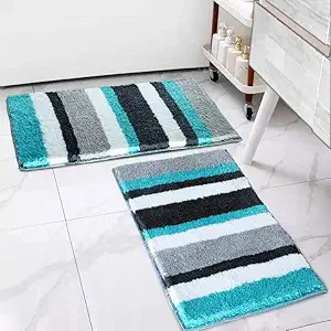 Roseate Luxury Super Soft (40x60 cm) Microfibre Striped 2000 GSM Bath Mat Super Absorbent Anti Skid Mats for Bathroom/Bedroom/Kitchen/Door Mat/Floor Mat (Peacock) Pack of 2