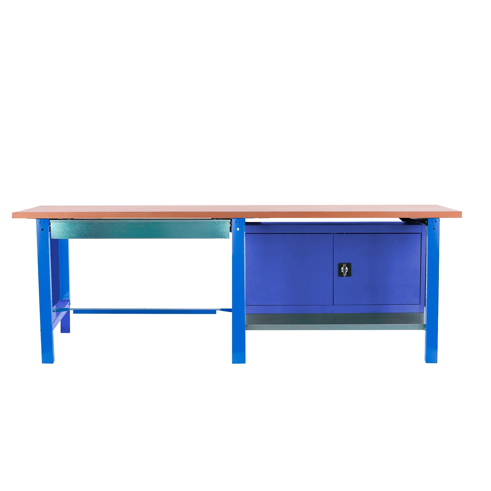 SimonRack Banco de Trabajo Taller Doble, Capacidad Carga 1000 kg, 865x2100x750 mm, 1 Cajón, Guarda Herramientas, Mesa de Trabajo, Azul/Haya - BT6 PRO