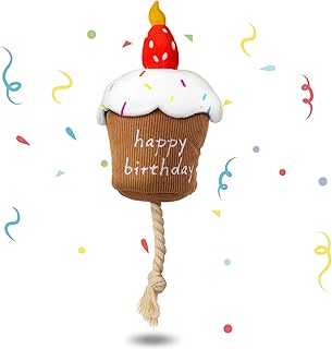 REQIHO Dog Birthday Toys - Dog Birthday Cake Toy, Strawberry Plush Squeaky Cake Dog Toy, Boy Girl Dog Birthday Gift