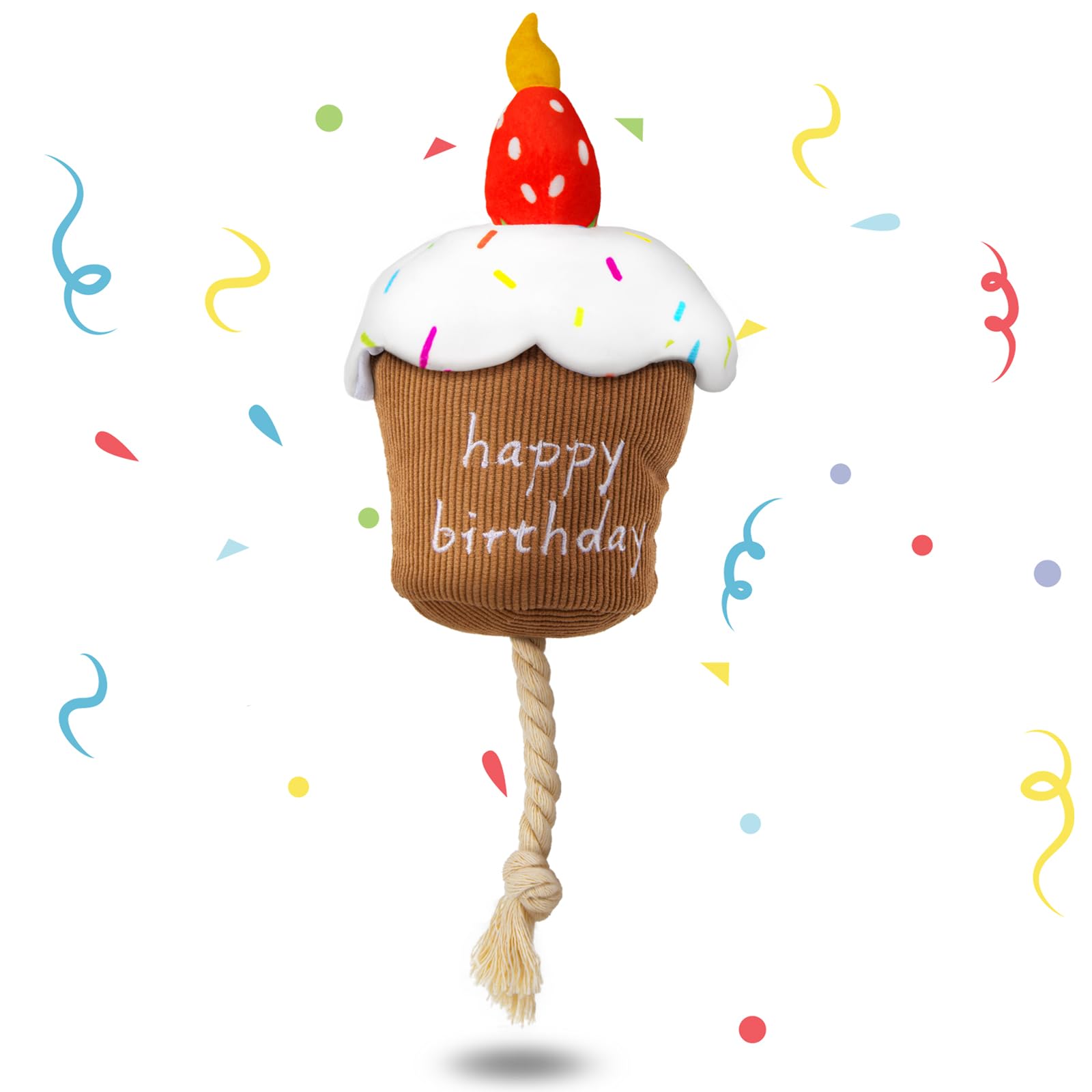 REQIHO Dog Birthday Toys - Dog Birthday Cake Toy, Strawberry Plush Squeaky Cake Dog Toy, Gift for Puppy