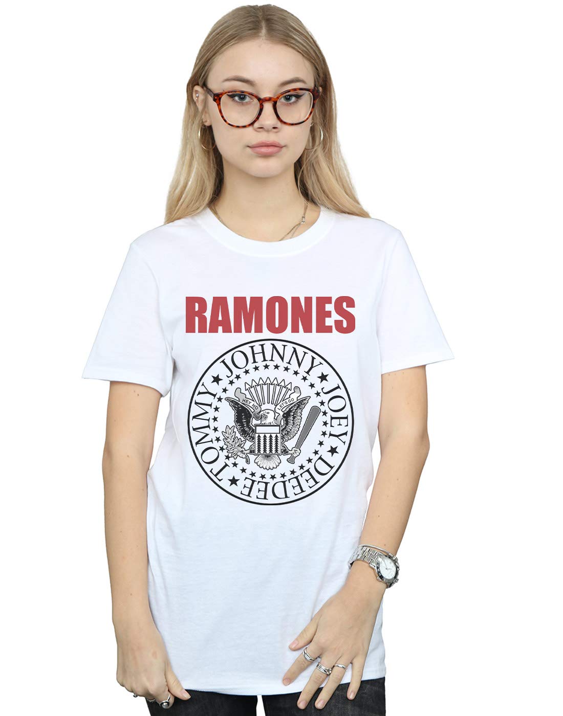 Absolute Cult Women's White Ramones Red Text Seal Boyfriend Fit T-Shirt Large