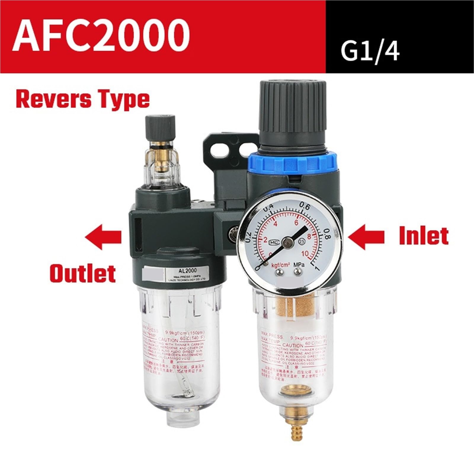 Regulador de presión de filtro de aire, lubricador, drenaje combinado con manómetro AFC2000 AFC2000D (1 unidad)(AFC2000 Reverse)
