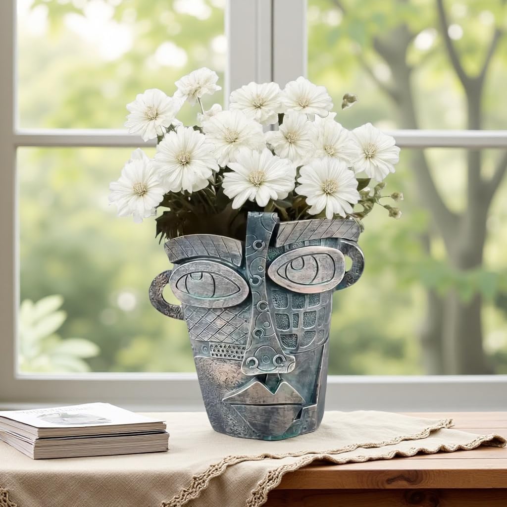 Picasso Abstract Face Flower Pot,Unique Resin Crafted Planter with Drainage Holes,Interesting Colorful Planter with Human face,for Indoor and Outdoor Botanical Home décor (Bronze)
