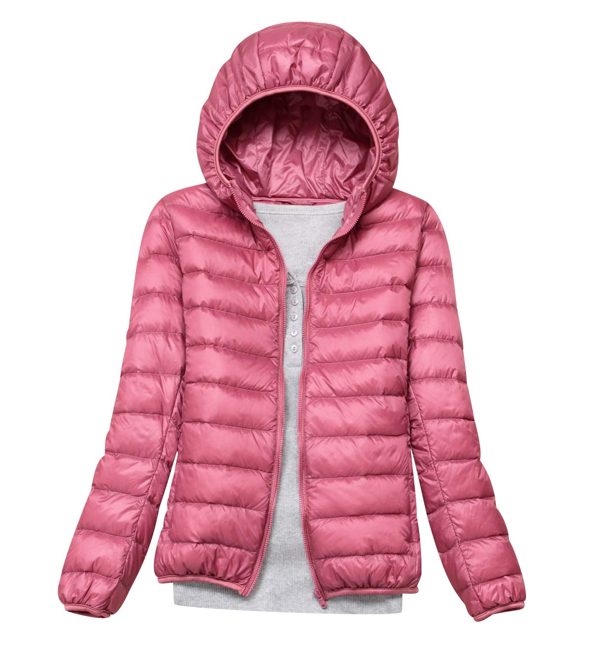 Pengniao Women's Pink Lightweight Down Jacket With Hood Down Coats Ultra Light Packable Down Jacket Down Filled Coat Parka Quilted Padded Hooded Puffer Jacket Bubble Puffa Jacket Winter