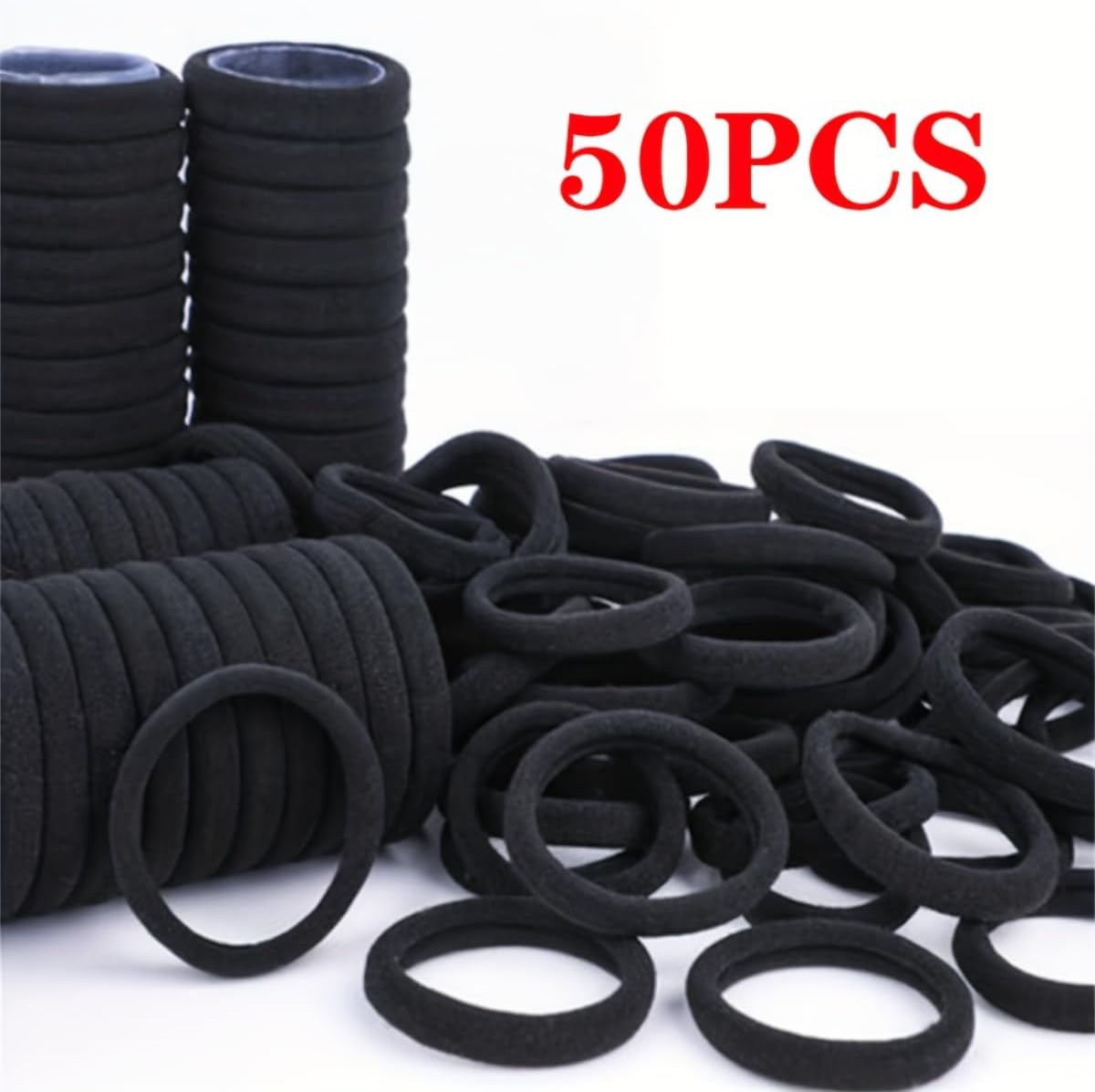 Pacote com 50 laços de cabelo preto a granel para cabelos grossos - Suportes de rabo de cavalo sem danos, faixas elásticas sem costura para mulheres e meninas (Gim/Yoga/Uso diário)