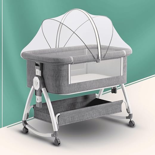 Premium 6-in-1 Baby Bedside Cot, Crib, Cradle Portable All-Mesh Bassinet with Multi-Purpose Tray,Wheels, Storage Basket, and 6 Height Adjustments, Easy Assembly for Newborns- Frost Grey
