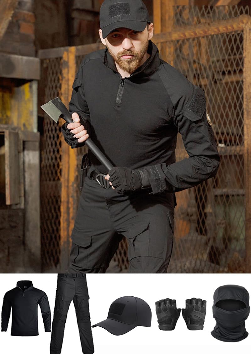 Costume tactique, pantalon de combat et chemise, casquette gants, cagoule, uniforme camouflage noir pour hommes, équipement militaire airsoft
