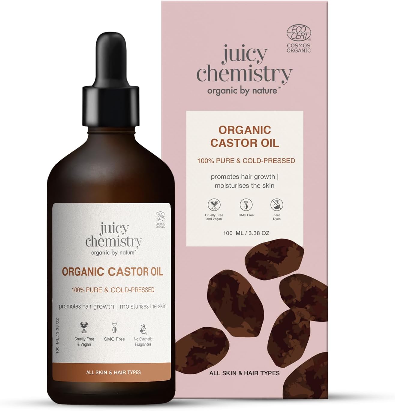 Juicy Chemistry Organic Castor Oil, 100 ml | 100% Pure, Virgin, Cold Pressed & Certified Organic Carrier Oil | Boost Hair Growth for Thicker, Fuller & Stronger Hair | For Eyebrows & Eyelashes Growth