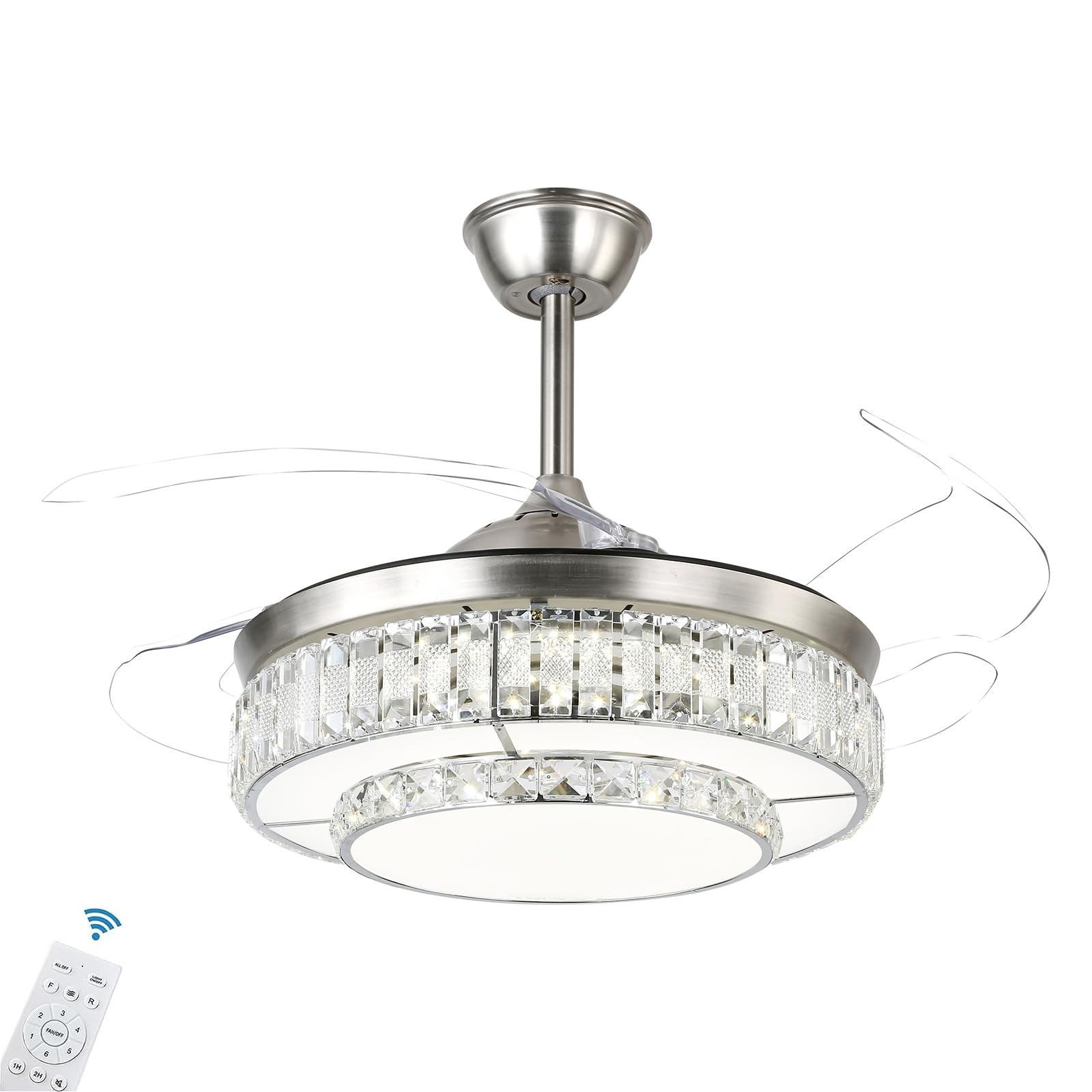 NOVFLAM Retractable Ceiling Fan with Lights Remote Control, 48 Inch Modern Ceiling Fan for Bedroom Living Room in 3 Color Changeable,Timer, Noiseless DC Motor, 6 Speed, Brush Nickel, LED Ceiling Fans