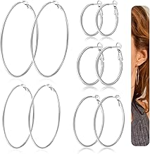 Hoop Earrings Women Set of 5 Pairs Large Hoop Earrings Silver Hoop Earrings Silver Endless Hoop Earrings for Girls Women (20/30/40/50/60/70mm), Cotton, No Gemstone