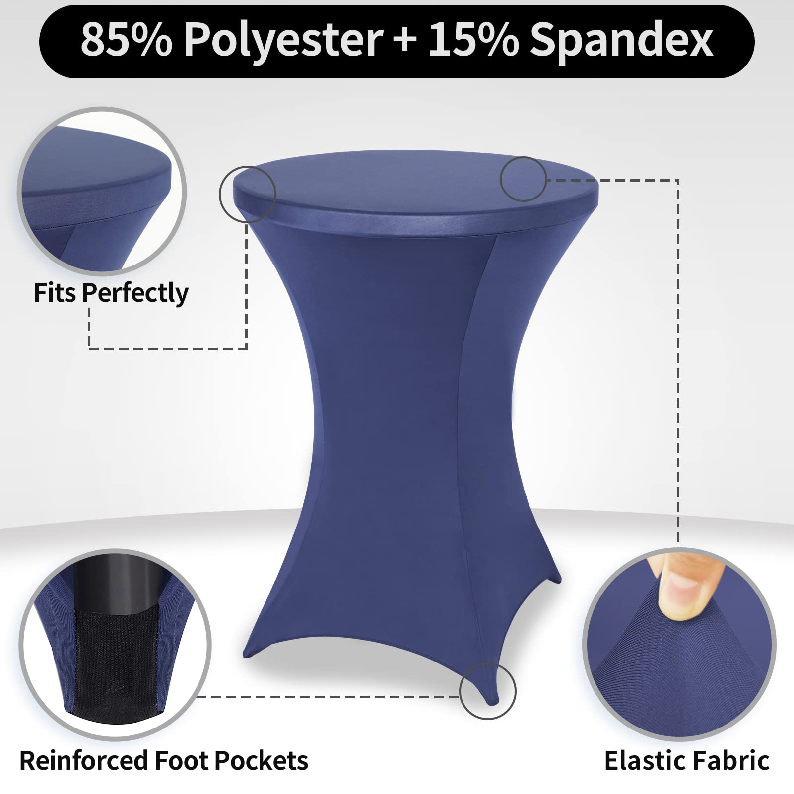 FestiCorp Paquete de 10 fundas ajustables de elastano para mesa de cóctel, mantel elástico para fiestas, bares, bodas, cumpleaños, banquetes, color azul marino, 30-32 pulgadas de diámetro x 40-43