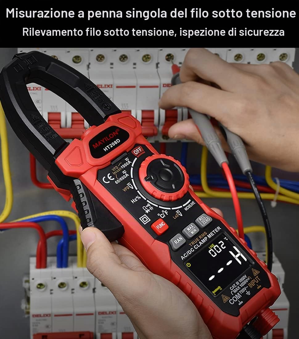 HT208D Multimetro True-RMS, Pinza Amperometrica con Funzione di Corrente di Spunto, VFD, NCV e RAN, Misura AC/DC Tensione e Corrente, Capacità, Resistenza, Diodi, Continuità, Valore Relativo, LowZ