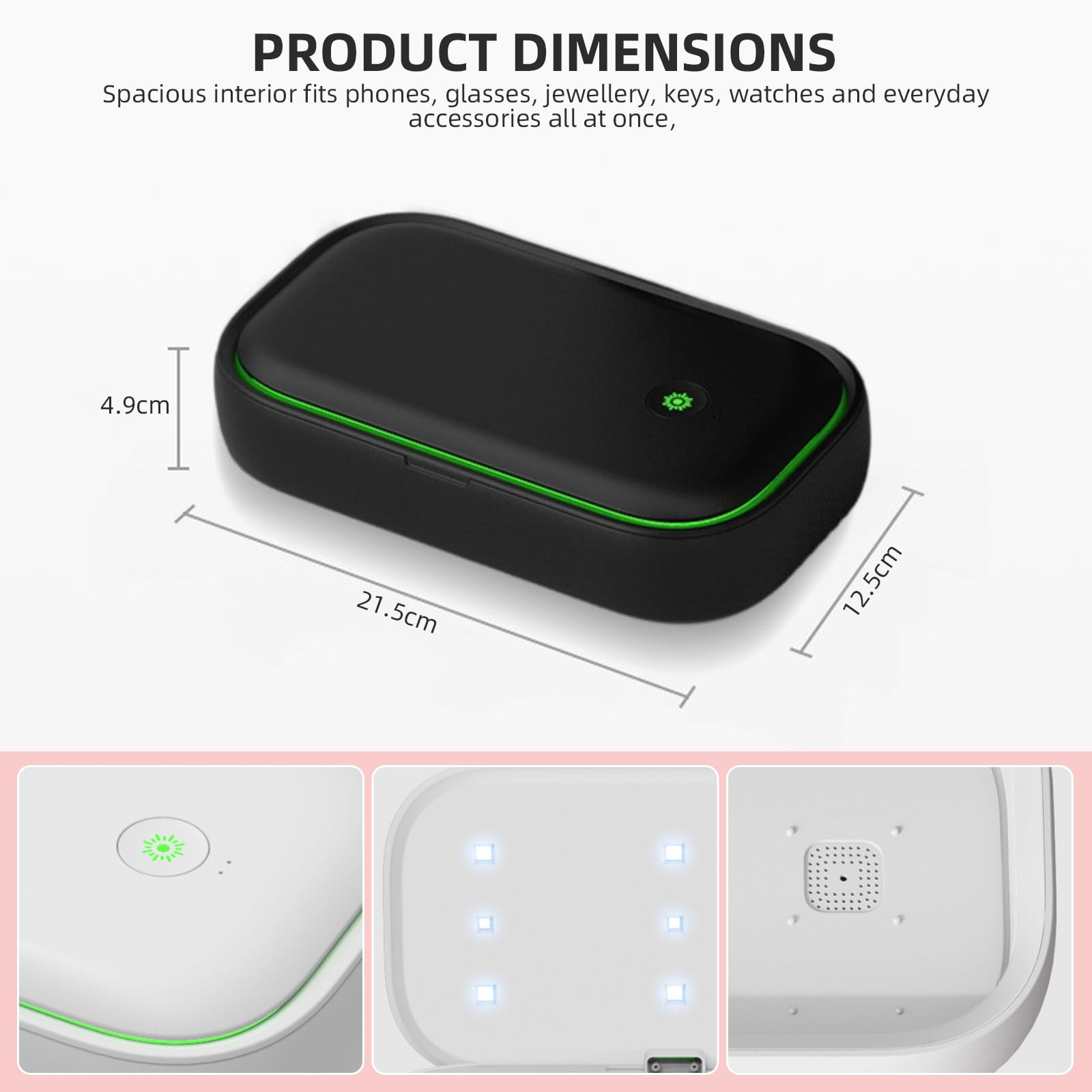 Caja de limpieza de teléfono con luz UV, limpiador UV portátil con ángulo de 360° sin muerto, para máscaras de teléfono, cepillos de dientes, joyas, brochas de maquillaje, gafas, llaves