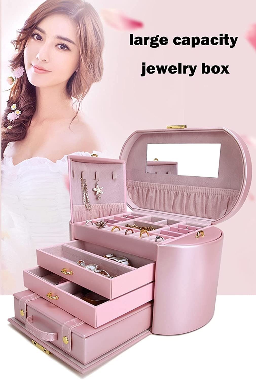 Aufbewahrungsbox Schmuckschatulle Schmuck-Organizer PU-Leder 4 Schichten Doppelseitige Schubladen verspiegelt mit tragbarer Kleiner Box Schmuckaufbewahrung Uhren-Organizer