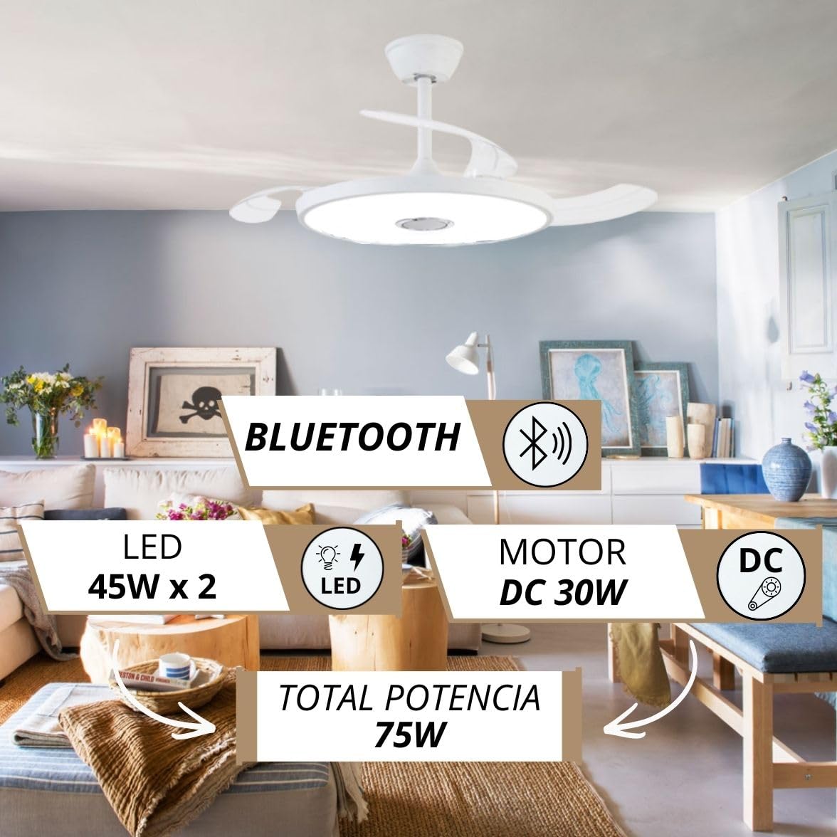 NARVI - Ventilador de Techo NANTES Ø 50 cm | Control Remoto | 3 Palas Transparentes | Iluminación LED Ajustable 45W | Motor DC Eficiente | Función Invierno/Verano | Blanco
