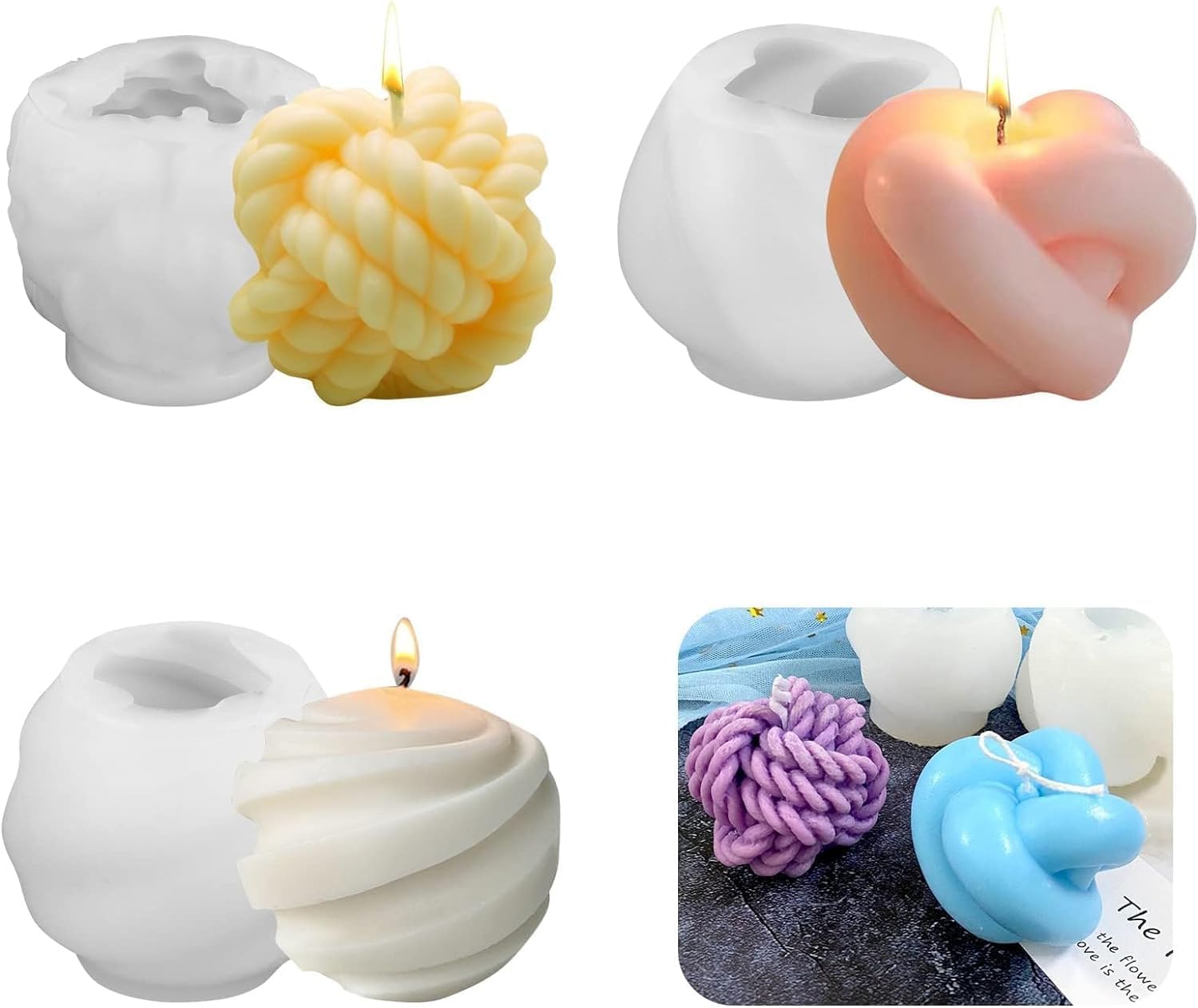 XBLDS 3 Pcs Yarn Ball Silicone Candle Mould Set, 3D Yarn Ball Shape Wax Candles Making Moulds, Knot Resin Crafts Arts Casting Mold for Valentine's Day Soap Making Supplies DIY Decoration
