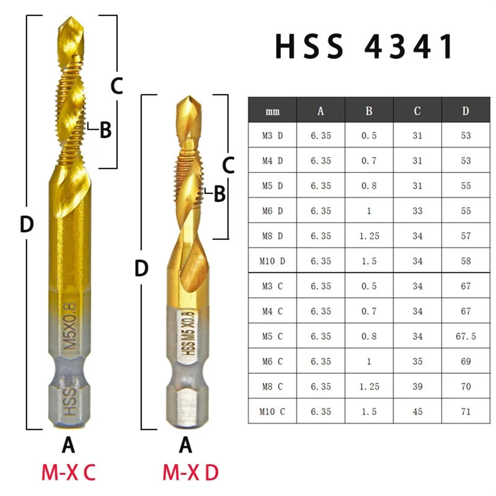 2 punte da trapano con gambo esagonale HSS 4341 filettatura metrica maschiatura macchina vite composta M3 M4 M5 M6 M8 M10 utensili manuali(6PCS 4341C M3-M10BOX)