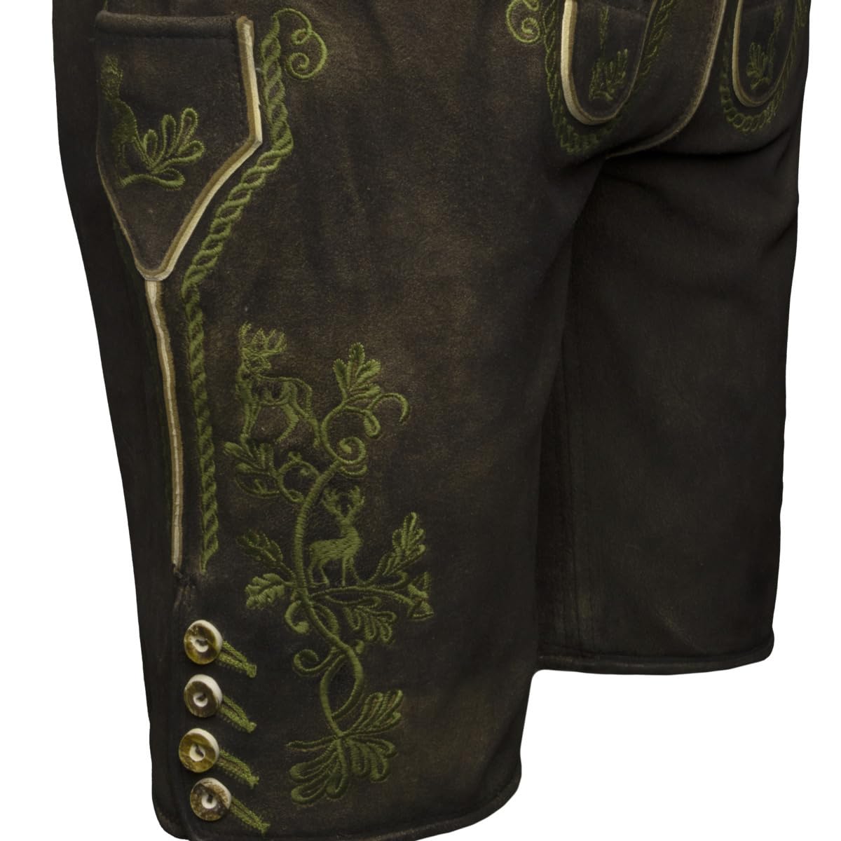 Krüger Lederhose Milian Herren | kurz mit Gürtel Hose aus Ziegenvelours-Leder | Dunkelbraun grün