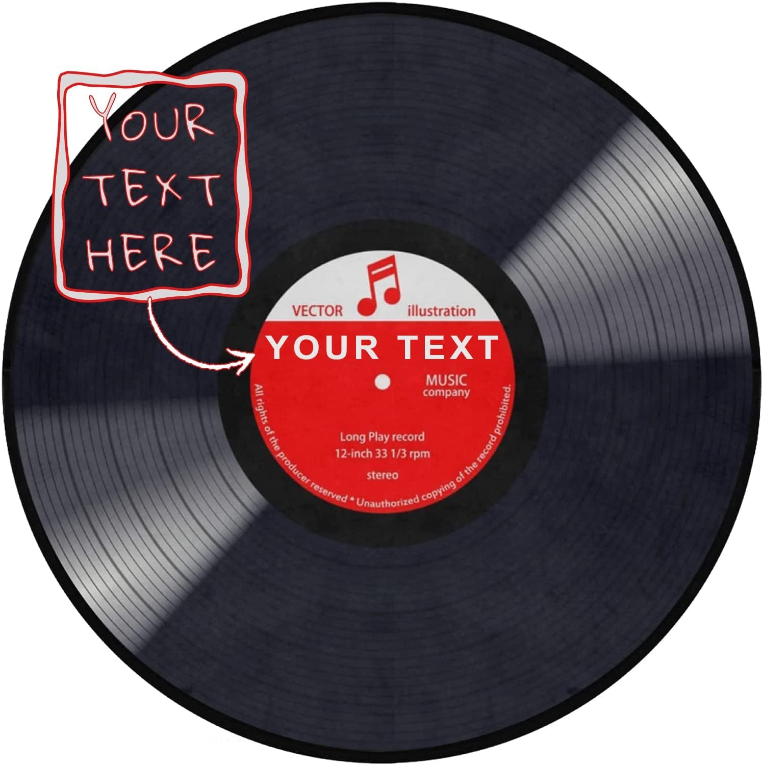 Personalized Music Record Black Round Area Rug Custom Text Name Doormat Non-Slip Floor Mat DIY Text Round Area Rug Carpet for Bedroom Living Room Study Playing Carpet, 4' x 4' Round