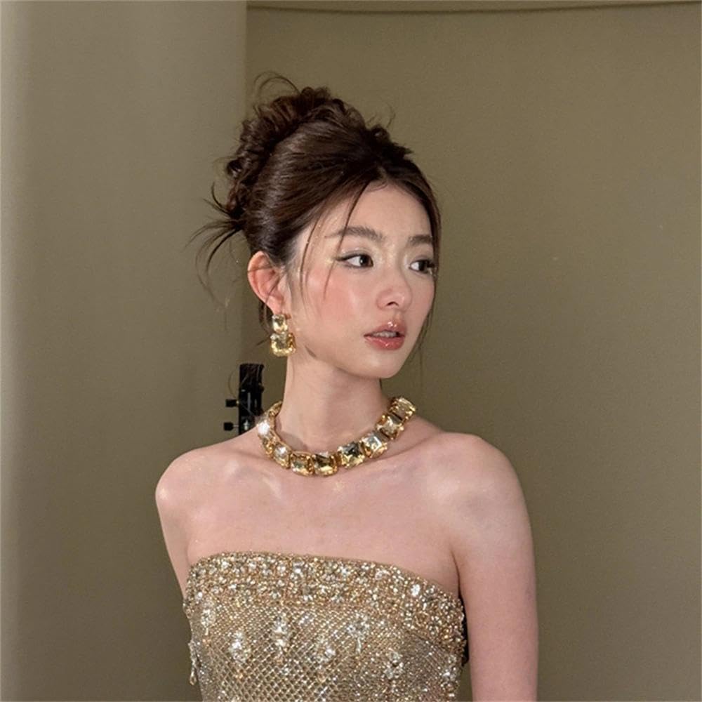 Eye-catching Large Square Choker Necklace for Women with Rhinestones and Cubic Zirconia, Gold Jewelry Set with Matching Earrings, Perfect for Wedding Jewelry Sets for Brides - Image 8