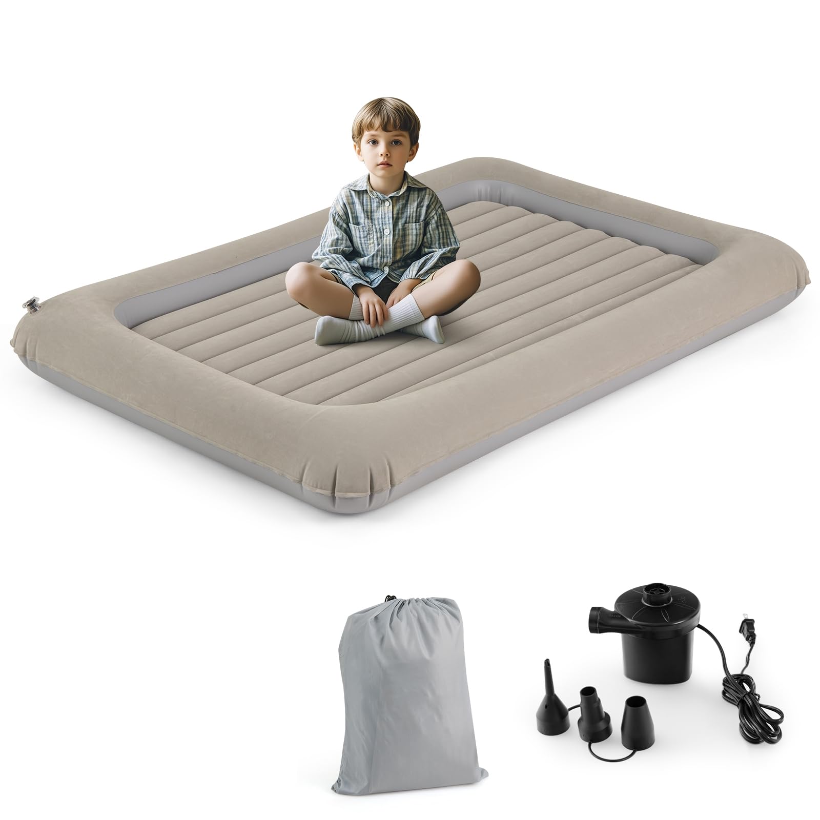 LIFEZEAL Materassino Gonfiabile per Bambini, Materasso Floccato, Lettino, Portabile, Parco di Gioco, Staccabile, con Tasca, Pompa Elettrica, Kit di Riparazione, Max 150 kg, 165x118x20 cm (grigio)