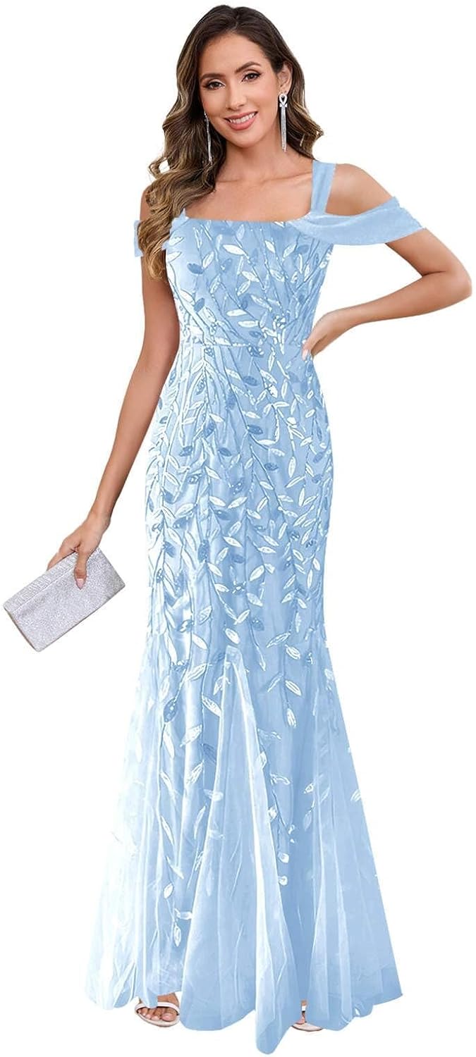 Mother of The Bride Dresses for Women - Sequin Tulle Off The Shoulder Long Wedding Guest Dress