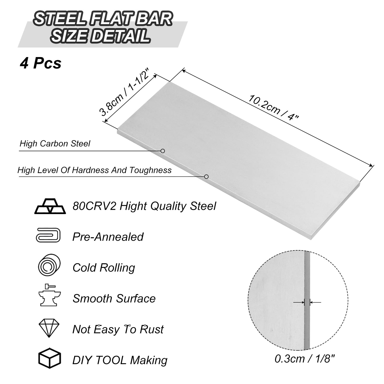 PATIKIL 4 Pcs 80Crv2 Acier 4 x 1-1/2" x 1/8" Barre Plate en Acier Recuit | pour la Fabrication de Couteaux, Laminée à Froid, pour Tôle Pure de Bricolage, pour Professionnelle et Amateur