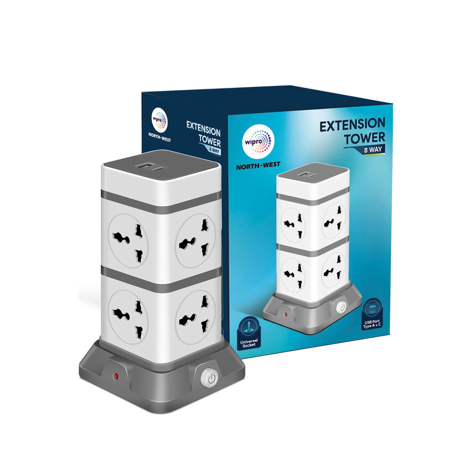 Wipro North-West 8-Way Tower Extension Board with USB A & Type C | 8 Universal Socktes, 2500W Each | Surge Protector Spike Guard | 2m Durable Cord | Suitable with Mobiles, Appliances, etc | Pack of 1-image-44
