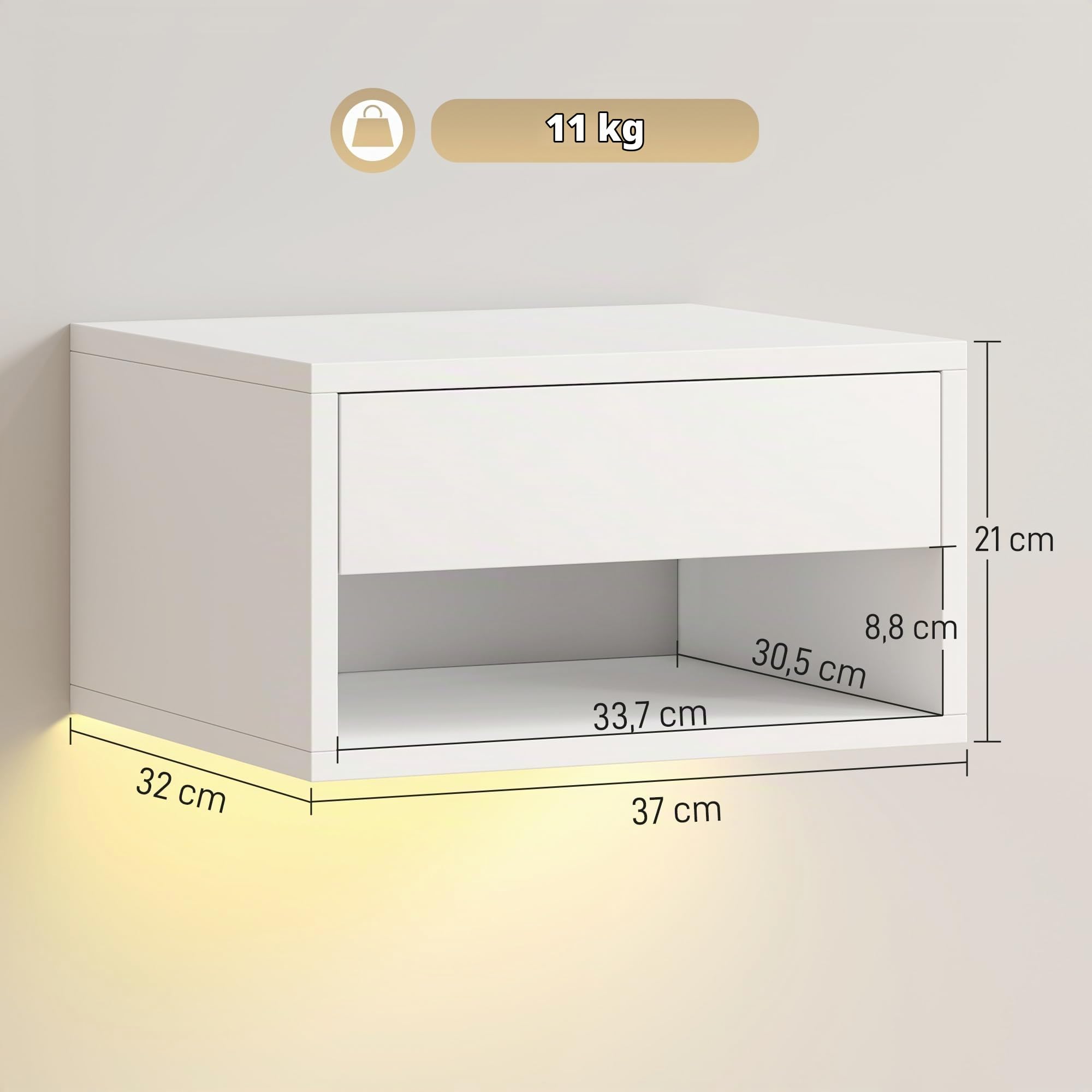 HOMCOM Nachttisch hängend 2er Set RGB-LED-Beleuchtung Schublade Weiß