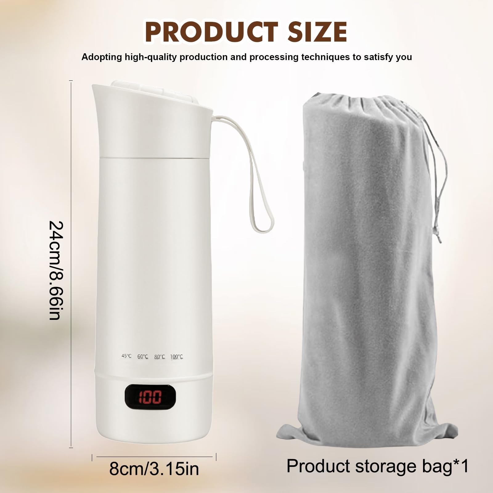 Bollitore Da Viaggio Piccolo 400 Ml – Tazza Elettrica Portatile Con 4 Temperature (45°, 60°, 80°, 100°) Per Tè, Caffè E Latte, Bianco
