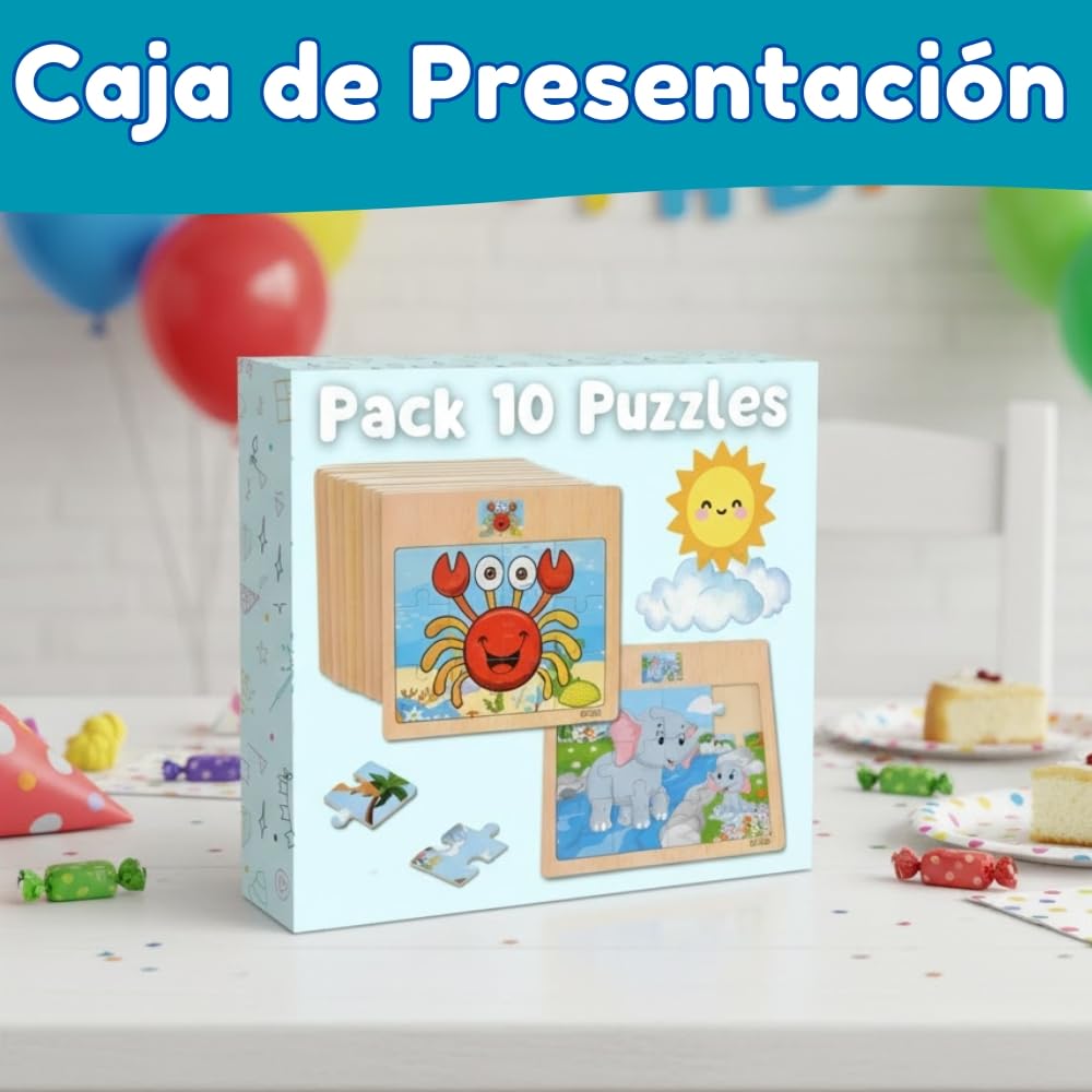 Pack 10 Puzzle Madera, Puzzles Infantiles Niños 3 a 8 Años, Juguetes Educativos, Regalos Cumpleaños Niños, Set de 10 Rompecabezas con Dinvertidos Animales (Pack 10 Puzzles)