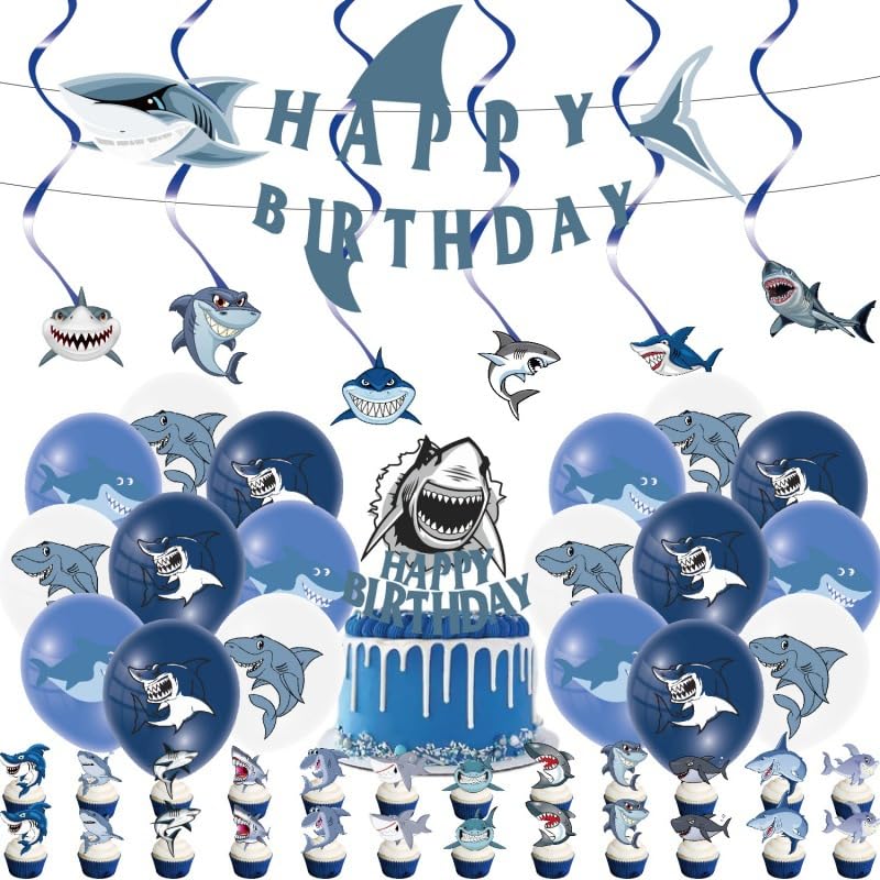 Shark Birthday Decoration Set, Blue Sea Animal Happy Birthday Banner, Party Supplies with Banner, Hanging Swirl, Balloon, Cake Topper, Cupcake Topper