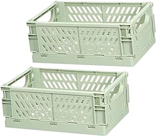Frepea Pack of 2 Storage Baskets, Small Folding Boxes, Green, Foldable, Sturdy Storage Box, Plastic Folding Basket for Kitchen/Children's Room/Office (Light Green)