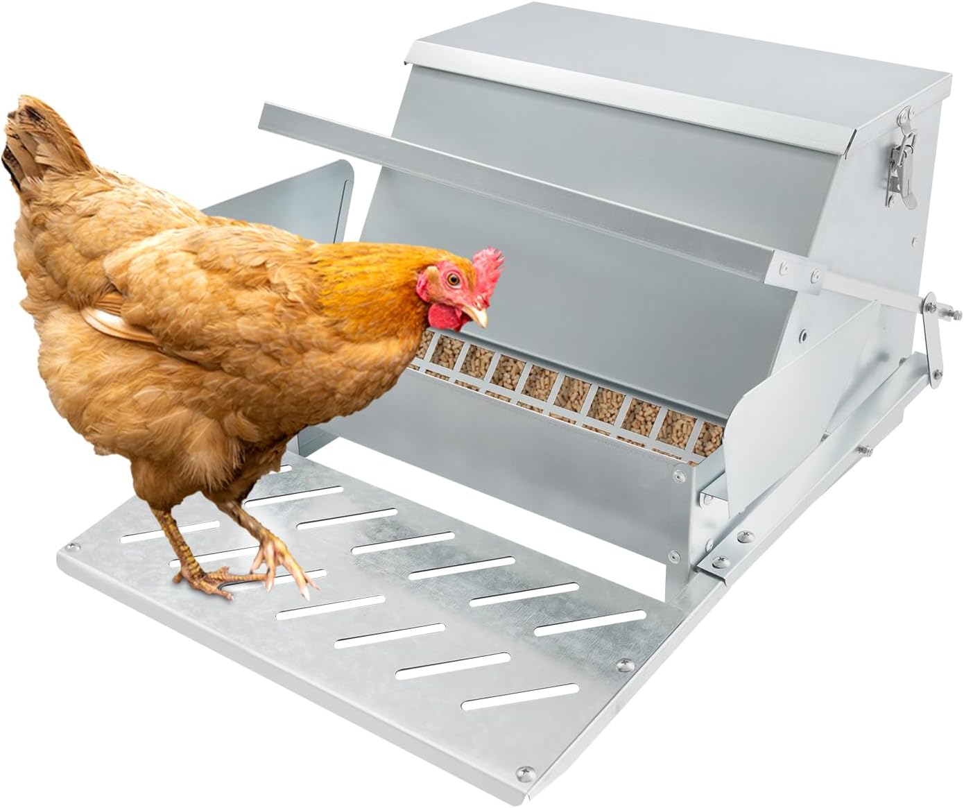 25LB Automatic Chicken Feeder with Rainproof Lid, Metal Treadle Feeder for Chickens, Ducks, Geese